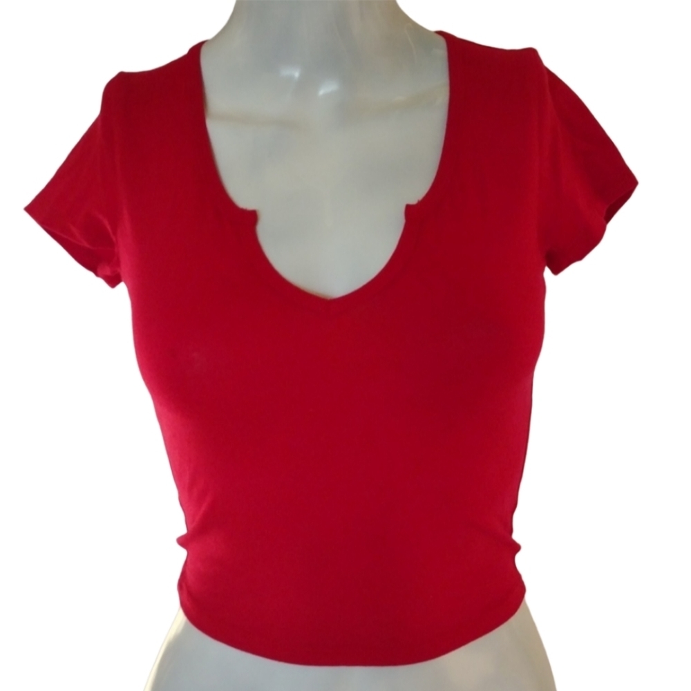 Bozzolo Crop Top‎ Women S Red Short Sleeves V Neck Stretch School Juniors